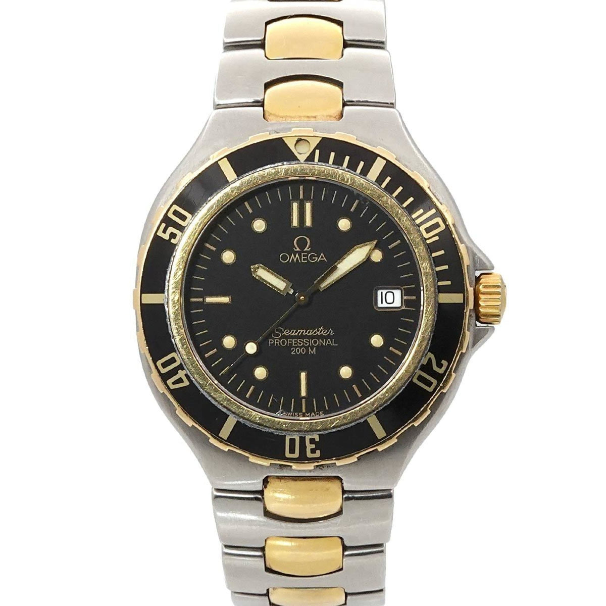Pre-Owned OMEGA Seamaster Professional 200 Two-tone 396 1042 Men's Watch with Date Display, Black Yellow Gold, Quartz Movement