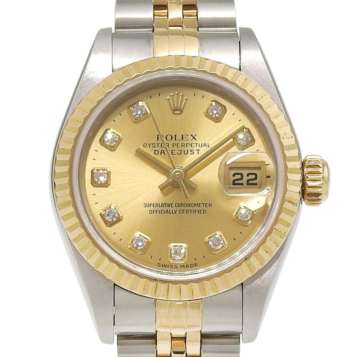 Pre-Owned Rolex Datejust Two-Tone 79173G P-serial, 10-diamond setting, champagne gold dial, 18K yellow gold/stainless steel, 26mm case.