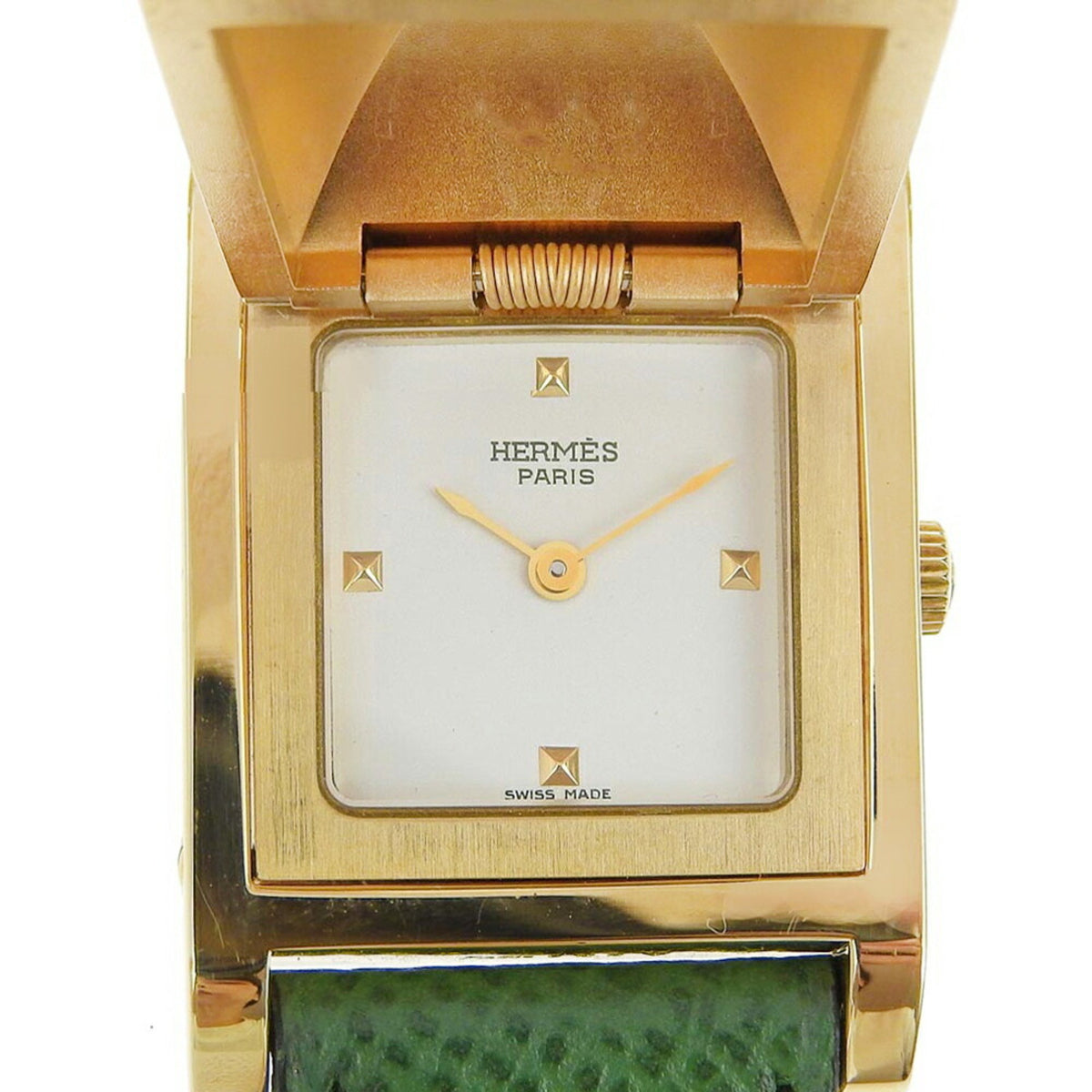 Pre-Owned Hermes HERMES Medor Watch Gold Plated x Leather 1994 Green ?X Quartz Analog Display White Dial Ladies