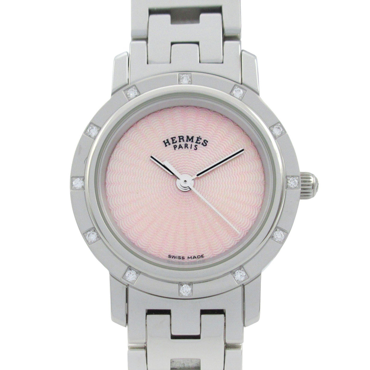 Pre-Owned Hermes Clipper Nacle 12P Diamond Watch Stainless Steel Ladies Pink Shell CL4.230