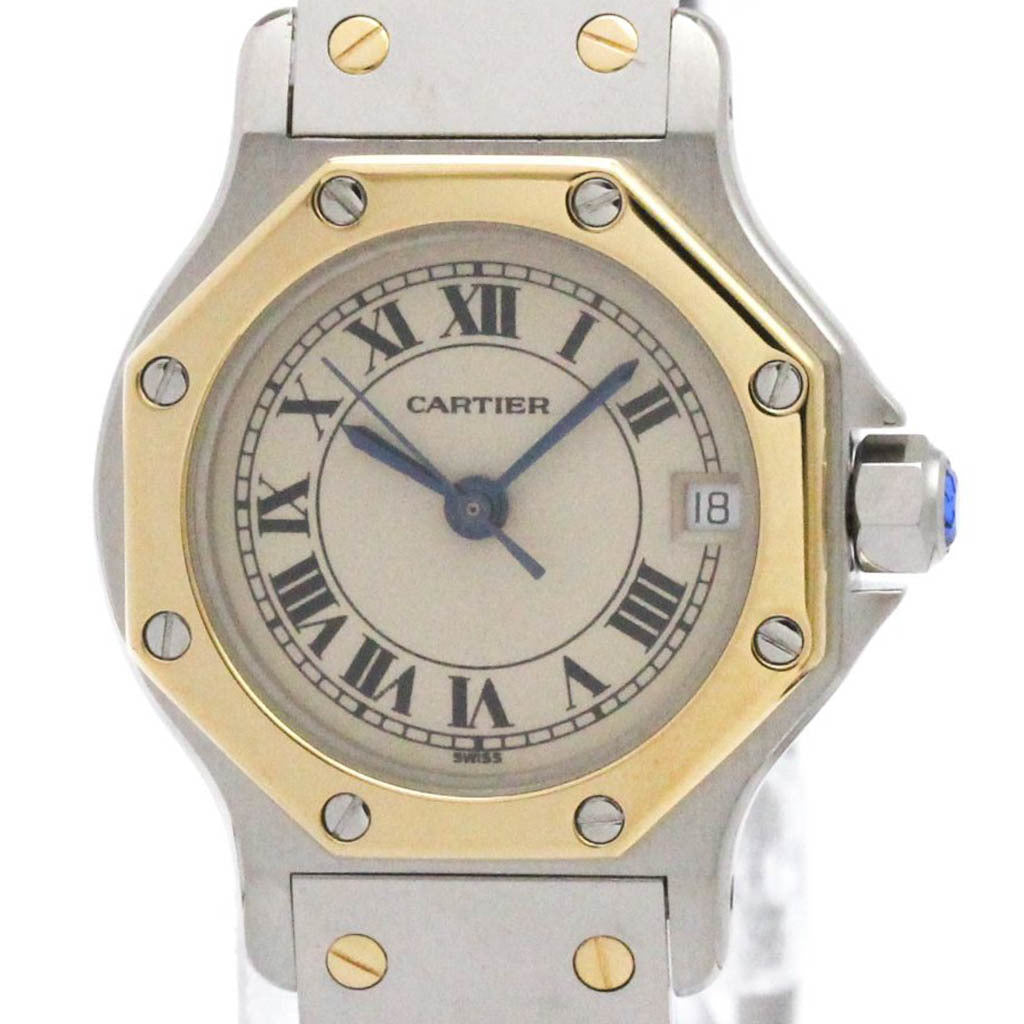 Pre-Owned CARTIER Santos Octagon 18K Gold Steel Quartz Ladies Watch 187903 Polished