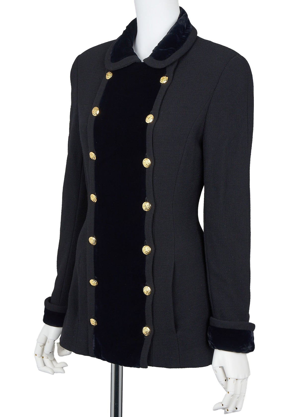 Pre-Owned Outerwear Coat, Coco Button, Tweed Velvet, Black, Gold-Tone Hardware, Pre-Owned