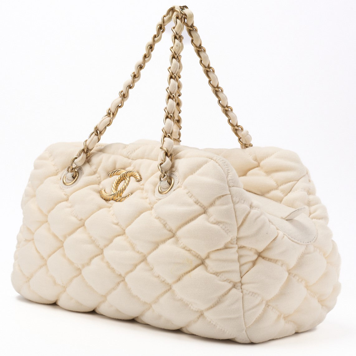 Pre-Owned Shoulder Tote Bag Matelasse Bubble Quilt Cotton Ivory Gold-Tone Hardware Pre-Owned