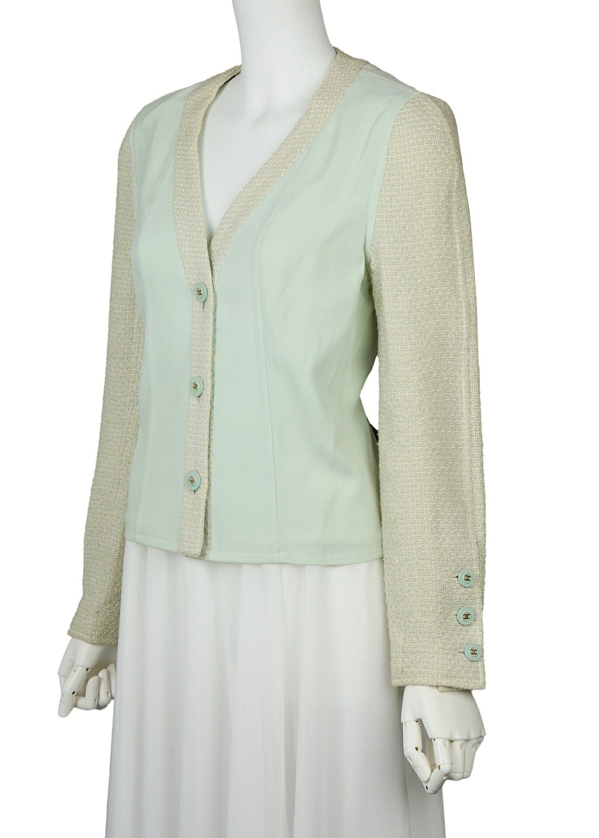 Pre-Owned Jacket, Coco Button, Tweed, Linen Wool Cotton, Light Green, Silver-Tone Hardware, Pre-Owned