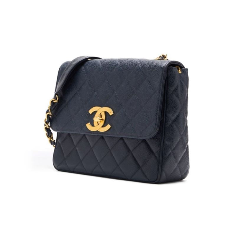 Pre-Owned Shoulder Bag Matelasse Deca Coco Square Type Chain Shoulder Caviar Skin Navy Gold-Tone Hardware Pre-Owned