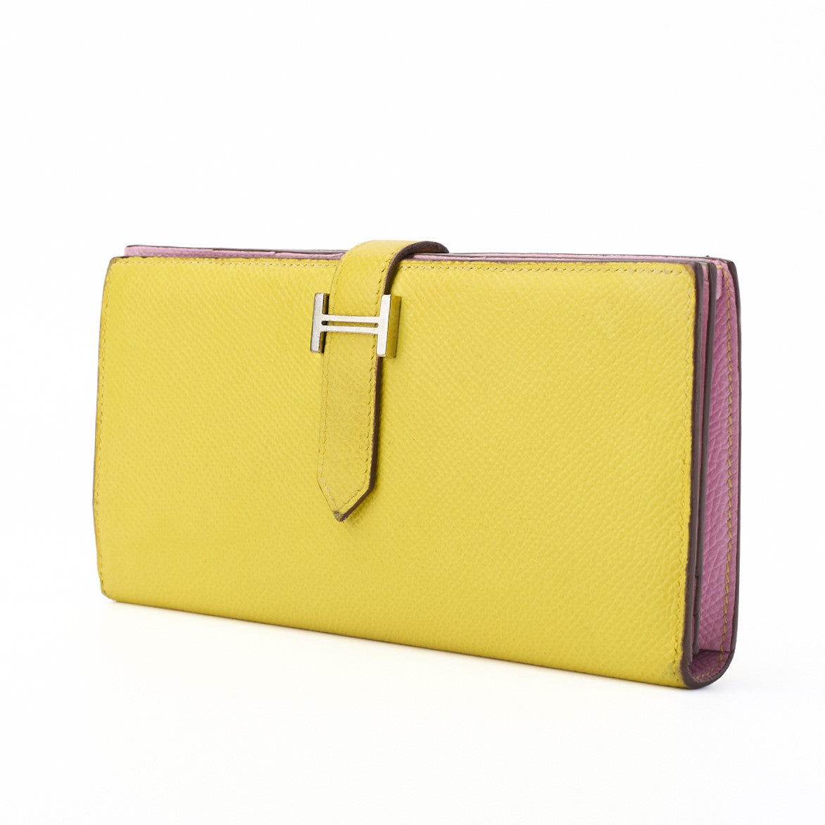 Pre-Owned Bearn Soufflet Two-Fold Long Wallet Bicolor Vaux Epson Yellow Silver-Tone Hardware Pre-Owned