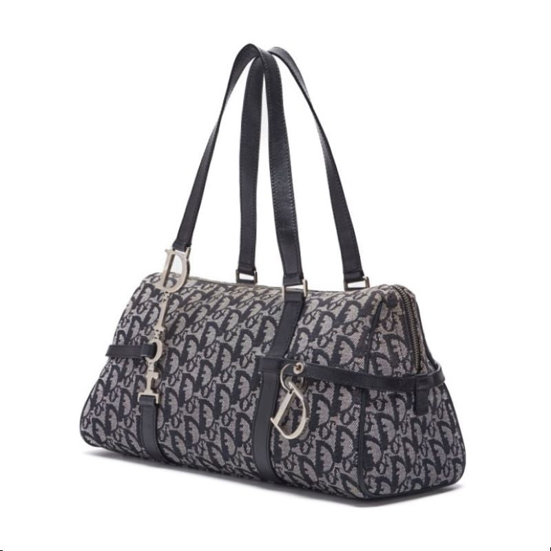 Pre-Owned Trotter D Charm Handbag, Canvas, Navy, Silver-Tone Hardware, Pre-Owned