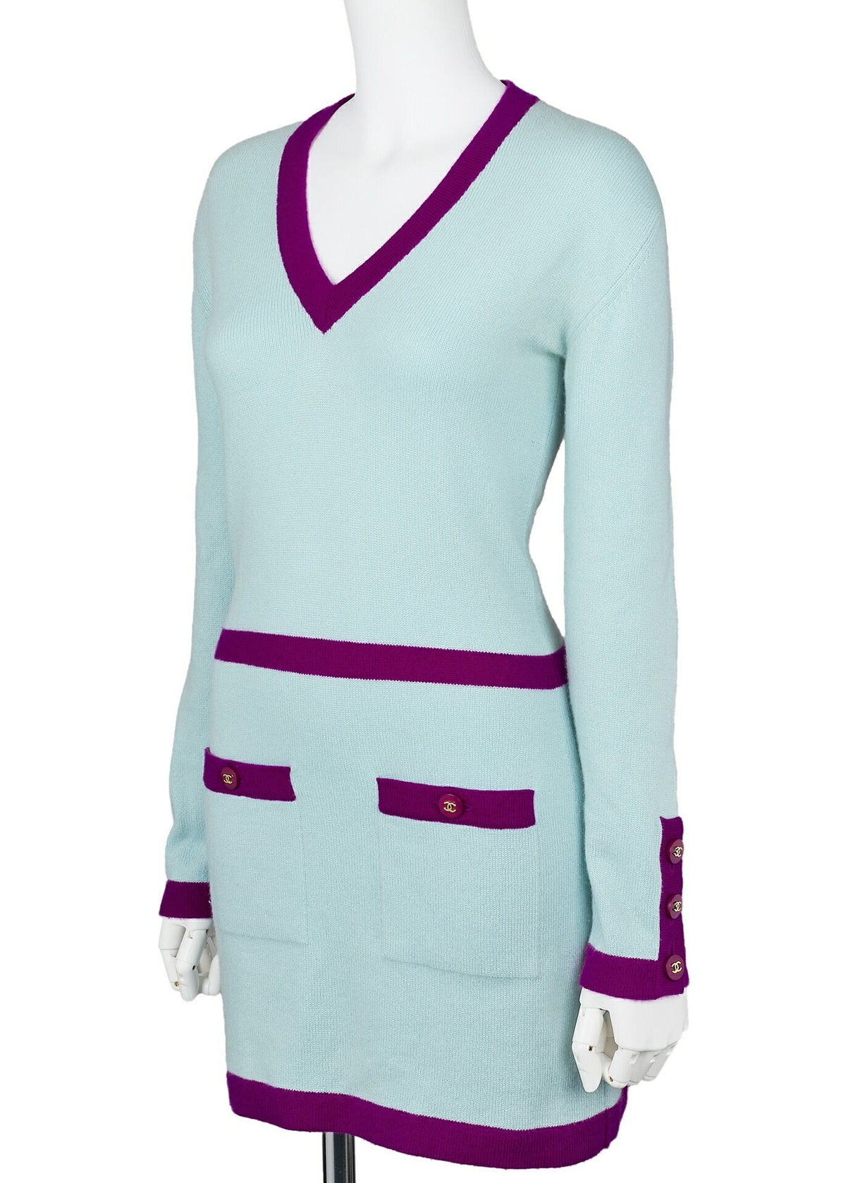Pre-Owned Dress, Long Sleeve, Coco Button, Cashmere, Blue, Gold-Tone Hardware, Pre-Owned