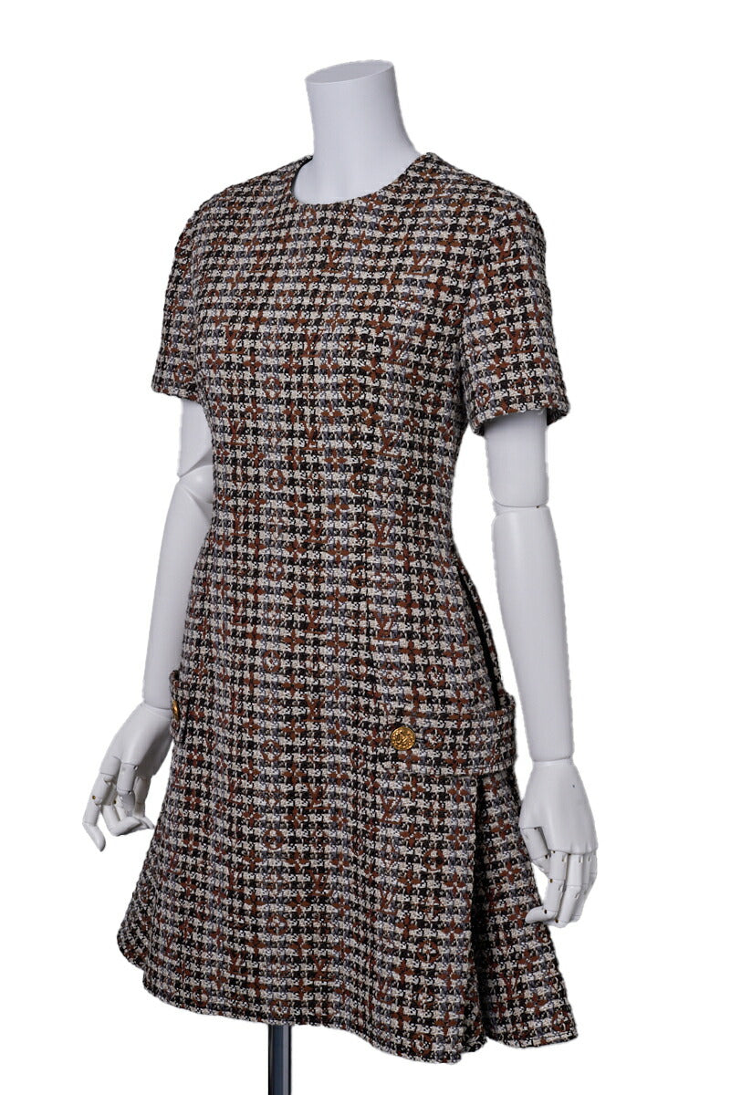 Gebrauchtes Vuitton Skaterkleid, Monogramm-Tweed, Wollmischung, Braun, Goldfarbene Hardware, Gebraucht