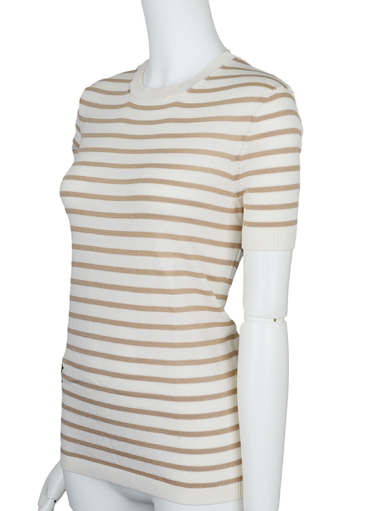 Pre-Owned T-Shirt Cut-and-Sew Short Sleeve Top, Silk, Ivory, Gold-Tone Hardware, Pre-Owned