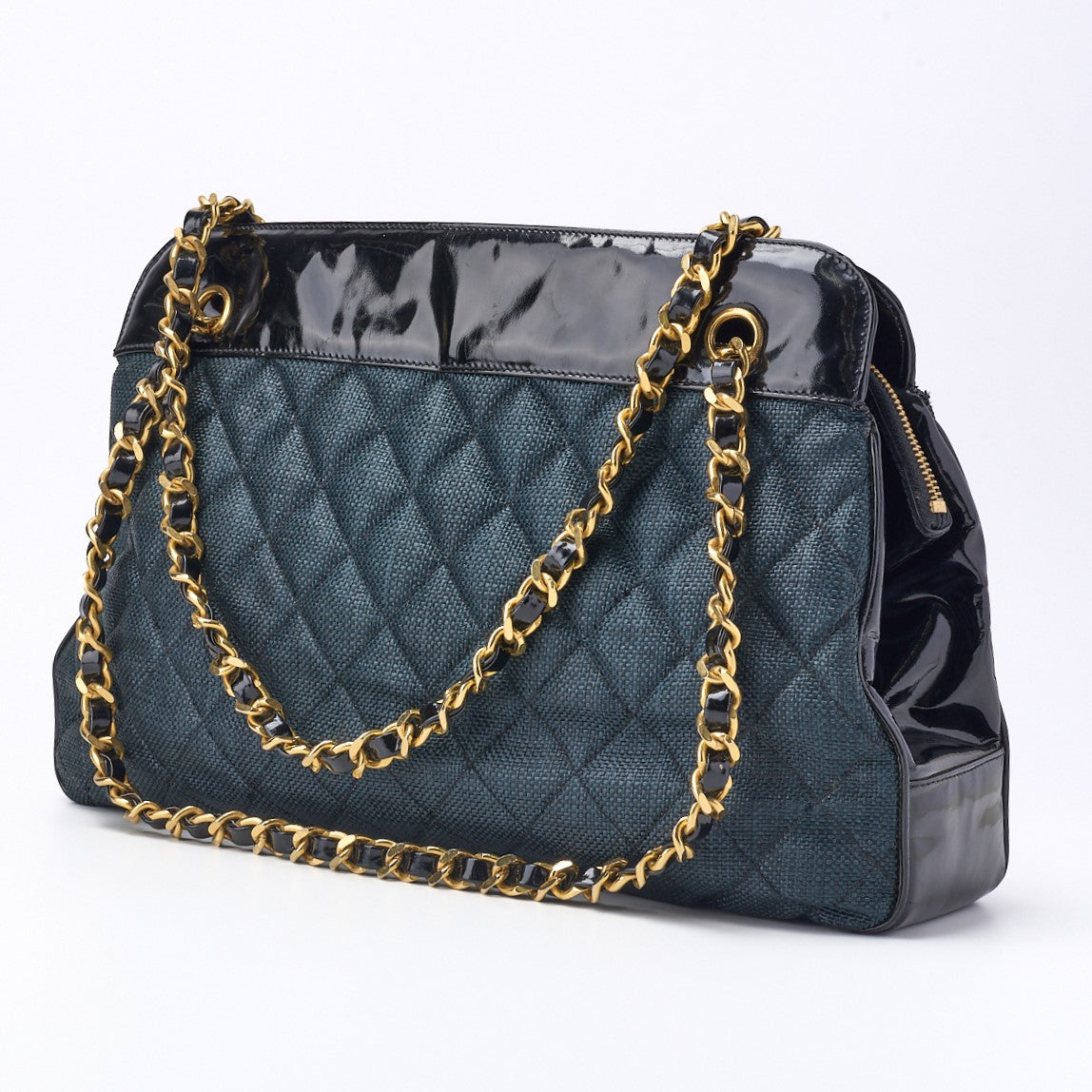 Pre-Owned Tote Bag Matelasse with Coco Charm Double Chain Enamel and Straw Black Gold-Tone Hardware Pre-Owned