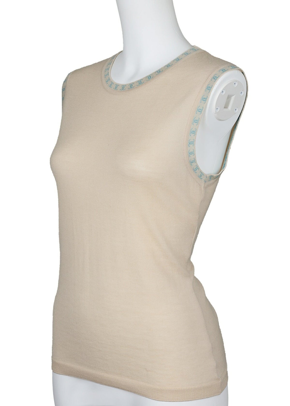 Gilet sans manches d'occasion, Coco Mark, tricoté, cachemire, beige, finitions dorées, d'occasion