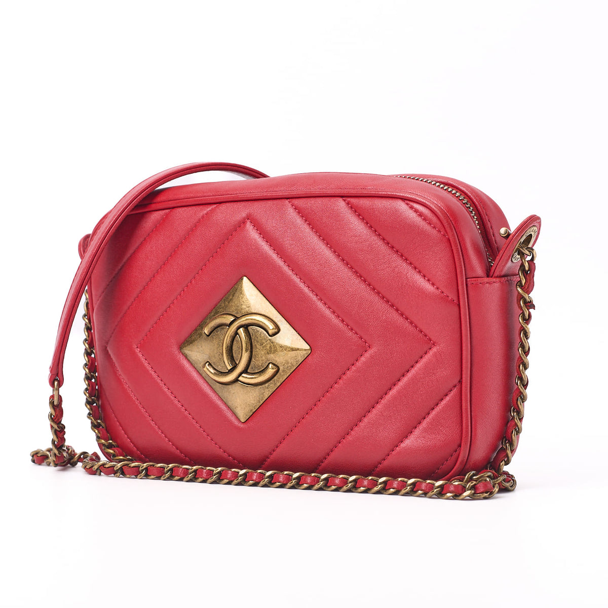 Sac bandoulière d'occasion, Coco Mark, point diamant, cuir d'agneau, rouge, finitions dorées, d'occasion