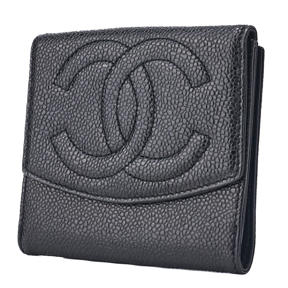 Pre-Owned Bi-Fold Wallet Coco Mark Caviar Skin Black Gold-Tone Hardware Pre-Owned