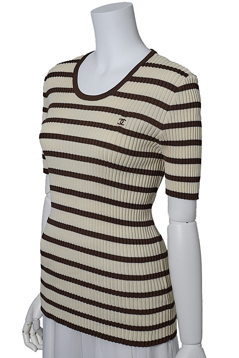 Pre-Owned T-Shirt, Coco Mark Border, Knit, Cotton, Ivory, Gold-Tone Hardware, Pre-Owned