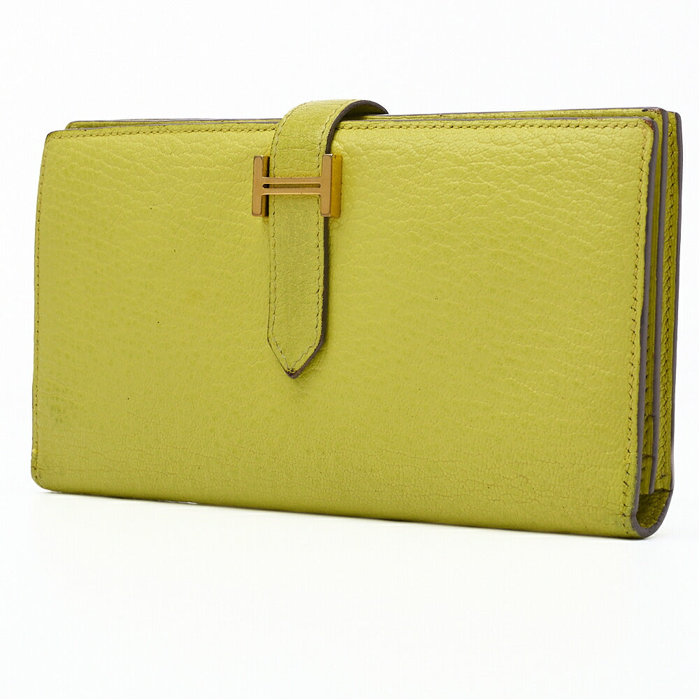 Pre-Owned Bairn Classic Bi-Fold Long Wallet Chèvre Lime Gold-Tone Hardware Pre-Owned