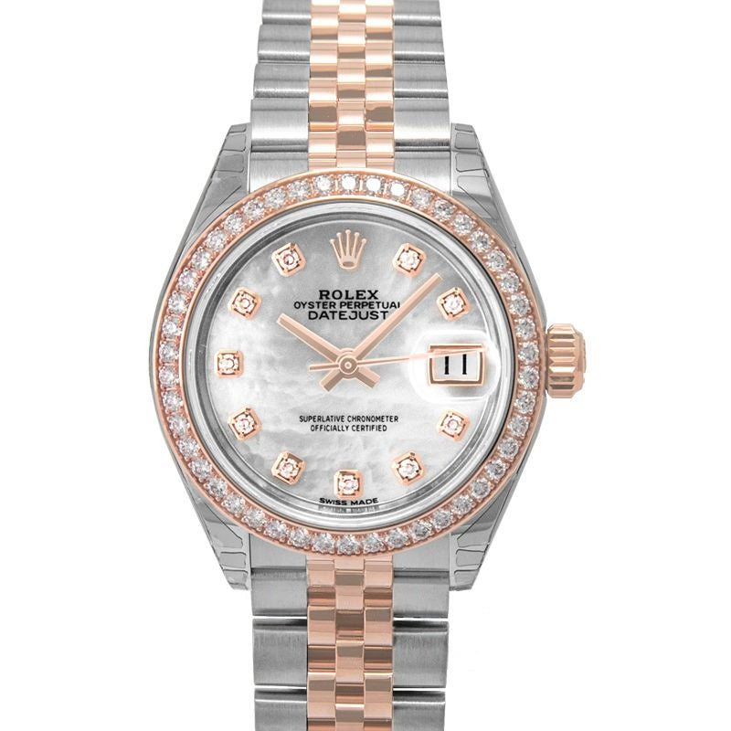 Lady Datejust 28 mm White mother-of-pearl set with diamonds Dial in Stainless Steel, Everose Gold 279381rbr-0013