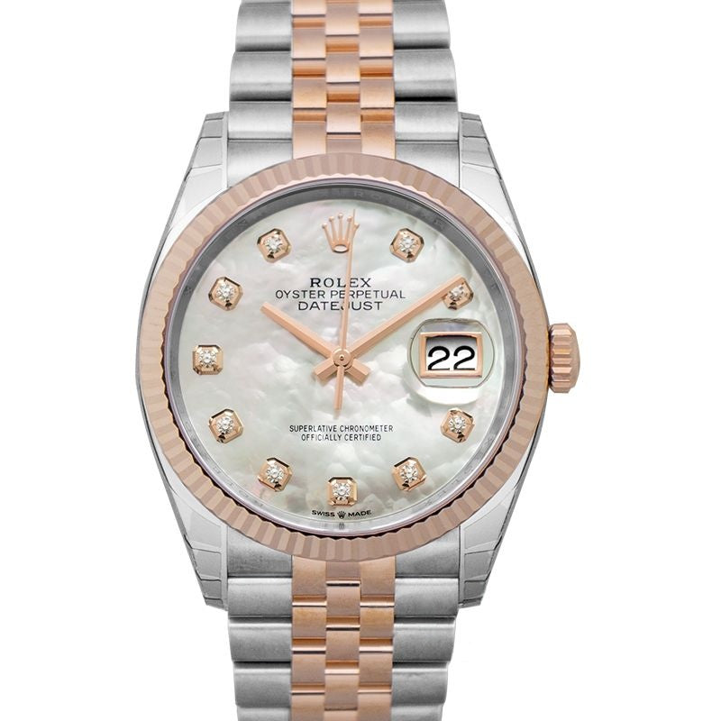 Datejust 36 mm White mother-of-pearl set with diamonds Dial in Stainless Steel, Everose Gold 126231-0021