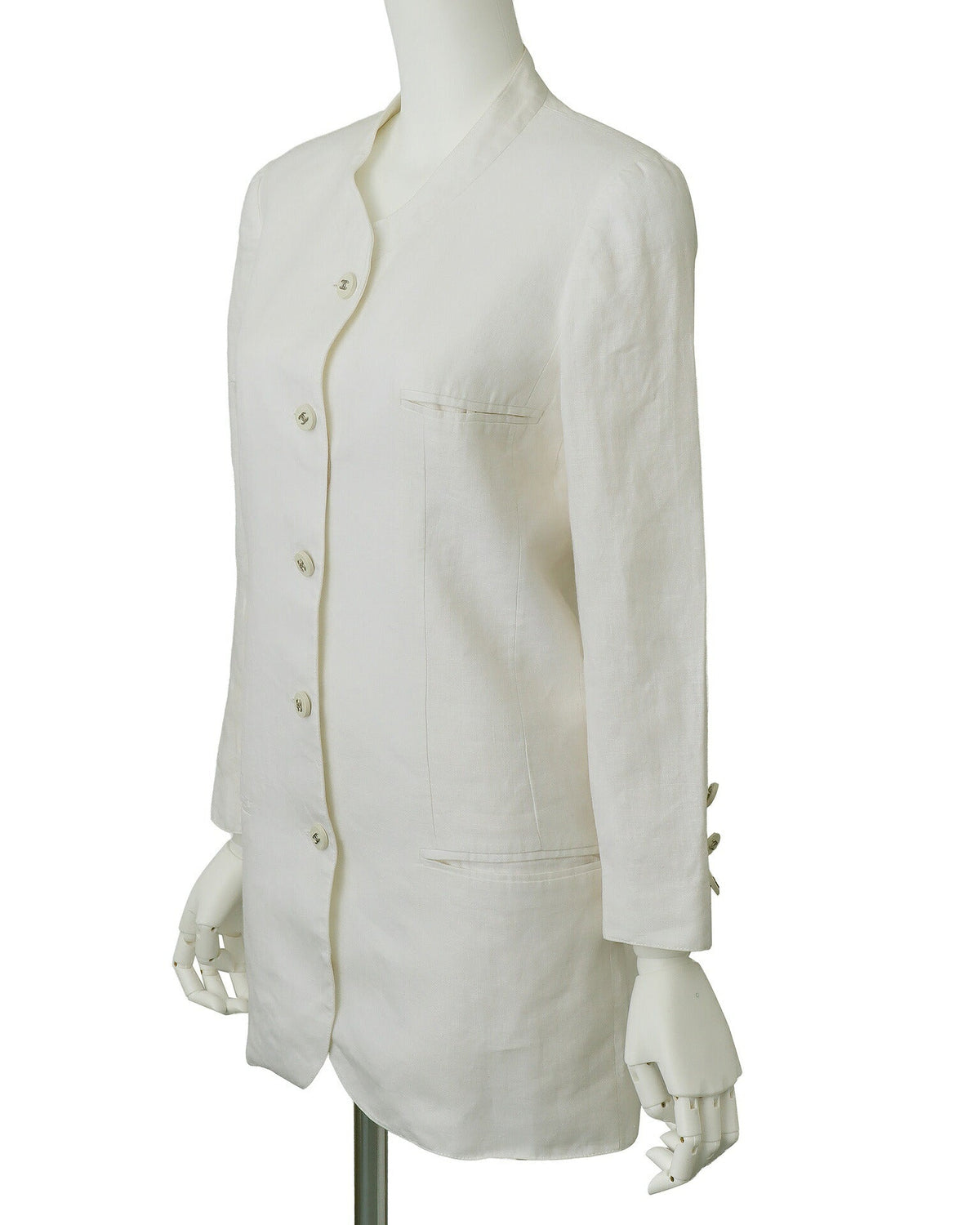 Pre-Owned Jacket, No Collar, Linen, White, Gold-Tone Hardware, Pre-Owned