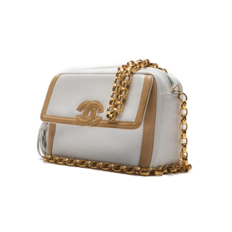 Pre-Owned Shoulder Bag, Coco Mark With Fringe Bijou Chain, Bicolor Lambskin, White, Gold-Tone Hardware, Pre-Owned