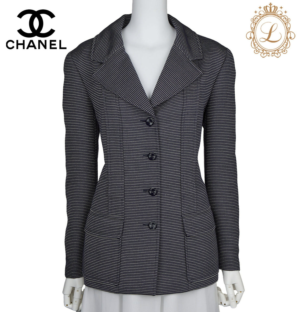 Pre-Owned Jacket Long Sleeve Coco Button Border Wool Silk Black Gold-Tone Hardware Pre-Owned