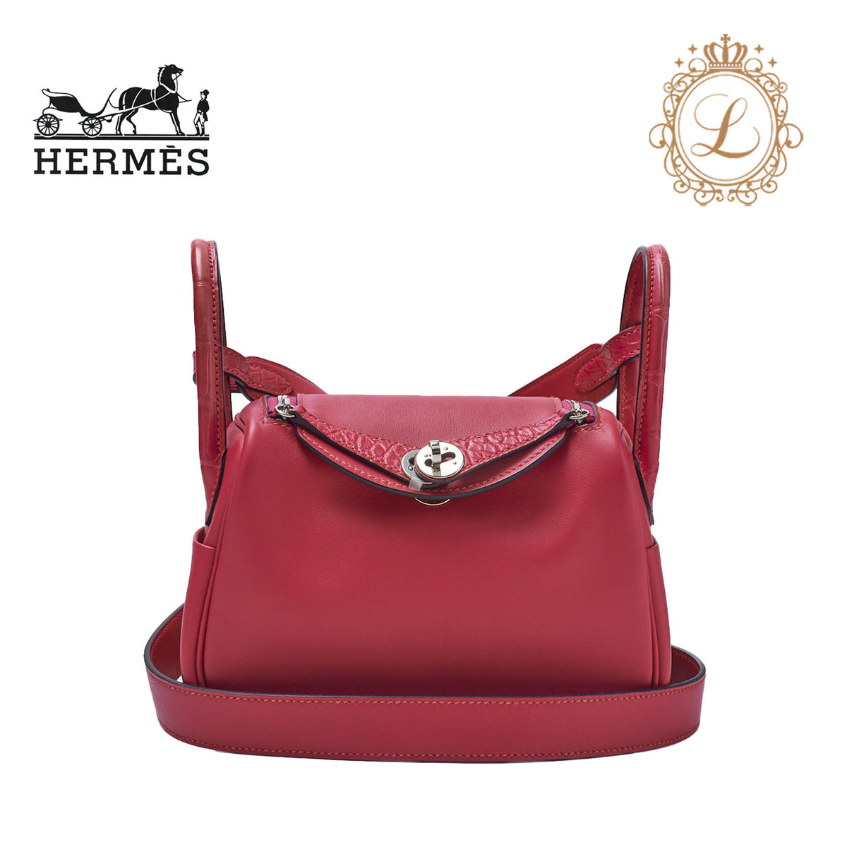 Pre-Owned Mini Lindy 18 2WAY Shoulder Bag Swift Crocodile Rose Shocking Silver-Tone Hardware Pre-Owned