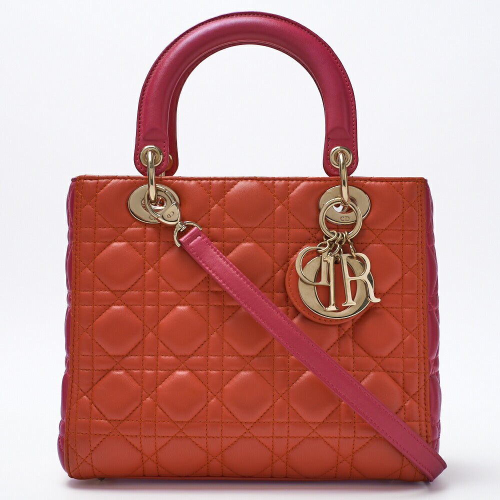 Pre-Owned Lady Cannage Bicolor 2WAY Handbag Lambskin Red Gold-Tone Hardware Pre-Owned