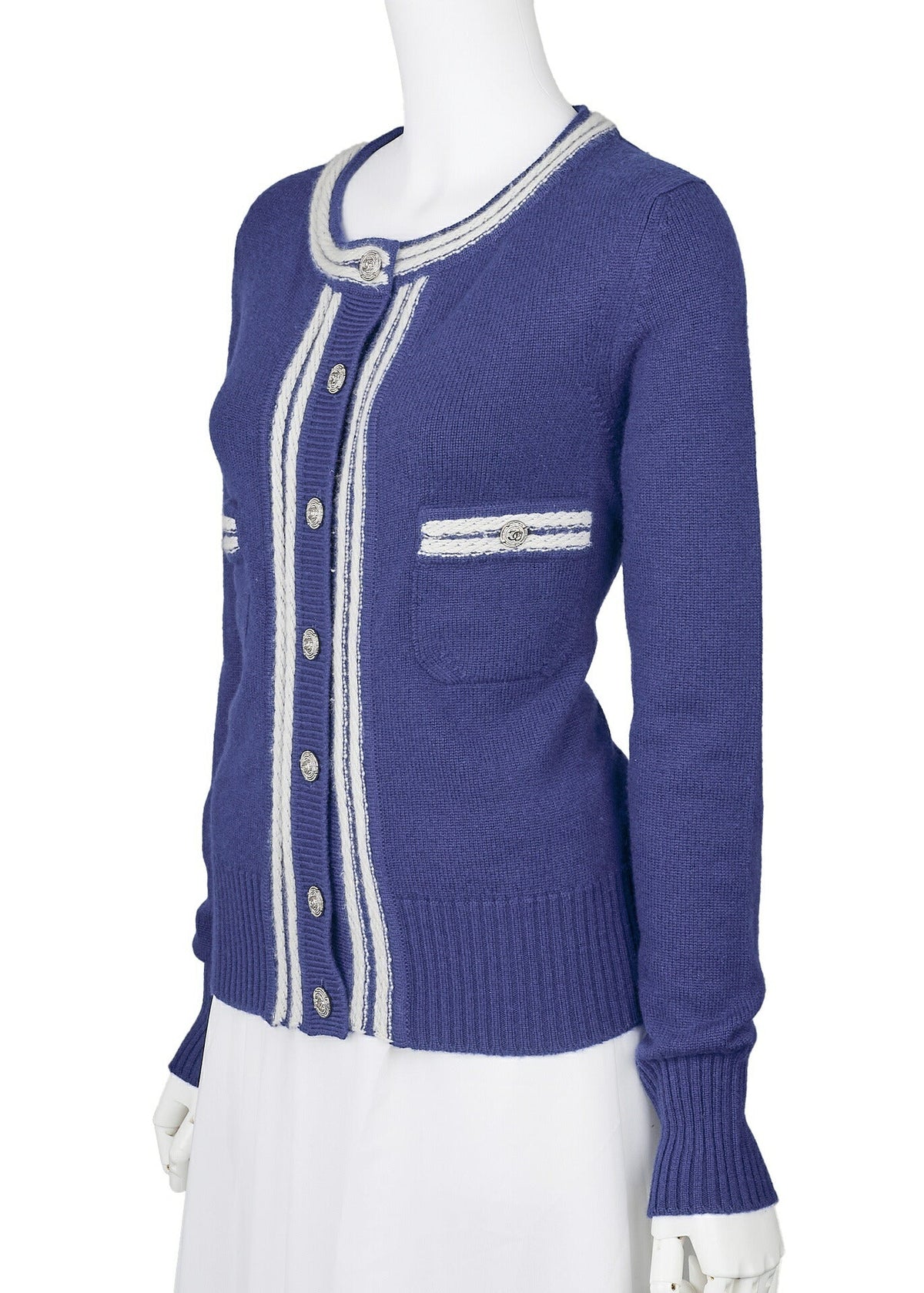 Pre-Owned Cardigan Outerwear Jacket, Coco Button, Cashmere, Navy, Gold-Tone Hardware, Pre-Owned