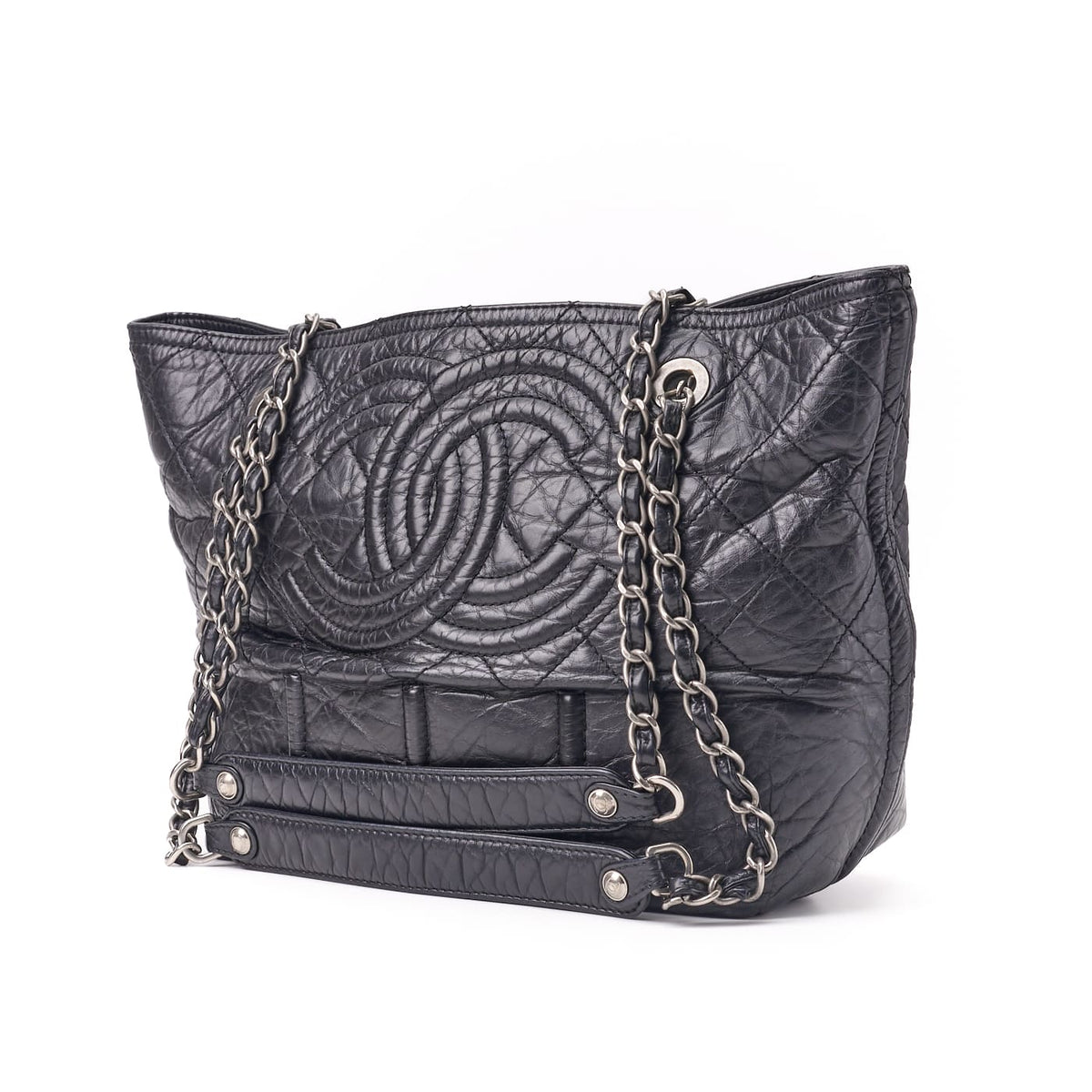 Pre-Owned Tote Bag Matelasse Coco Mark Double Chain Vintage Calf Black Silver-Tone Hardware Pre-Owned