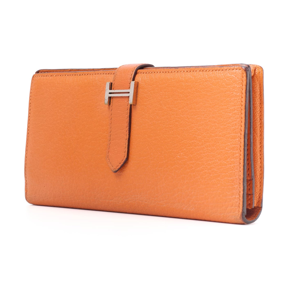 Pre-Owned Bearn Soufflet Two-Fold Long Wallet Chevre Orange Silver-Tone Hardware Pre-Owned