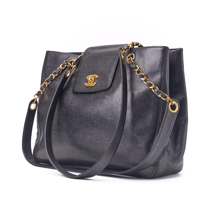 Pre-Owned Tote Bag, Turn Lock, Double Chain Shoulder, Caviar Skin, Black, Gold-Tone Hardware, Pre-Owned