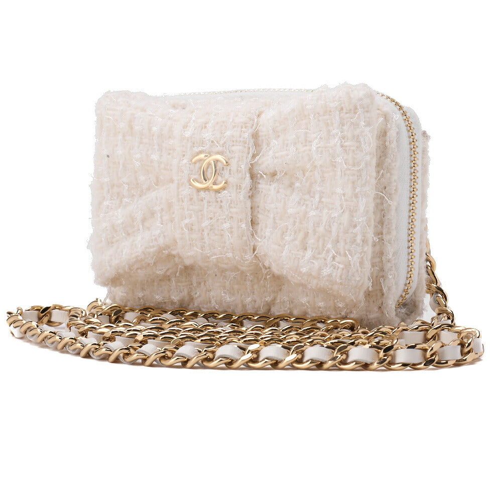 Mini sac bandoulière d'occasion, matelassé, bandoulière chaîne, tweed, blanc, finitions dorées, d'occasion