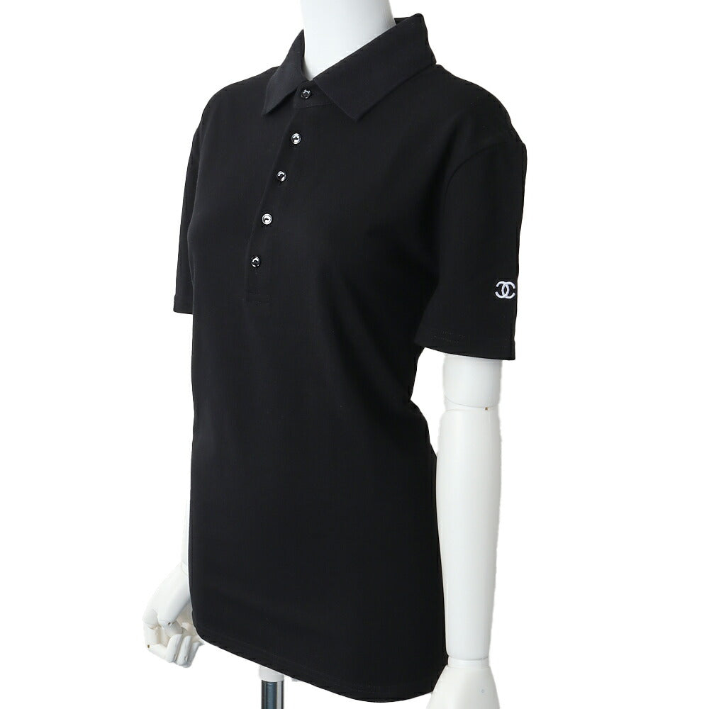 Pre-Owned Polo Shirt, Coco Mark Logo Button, Cut-and-Sew, Cotton, Black, Gold-Tone Hardware, Pre-Owned