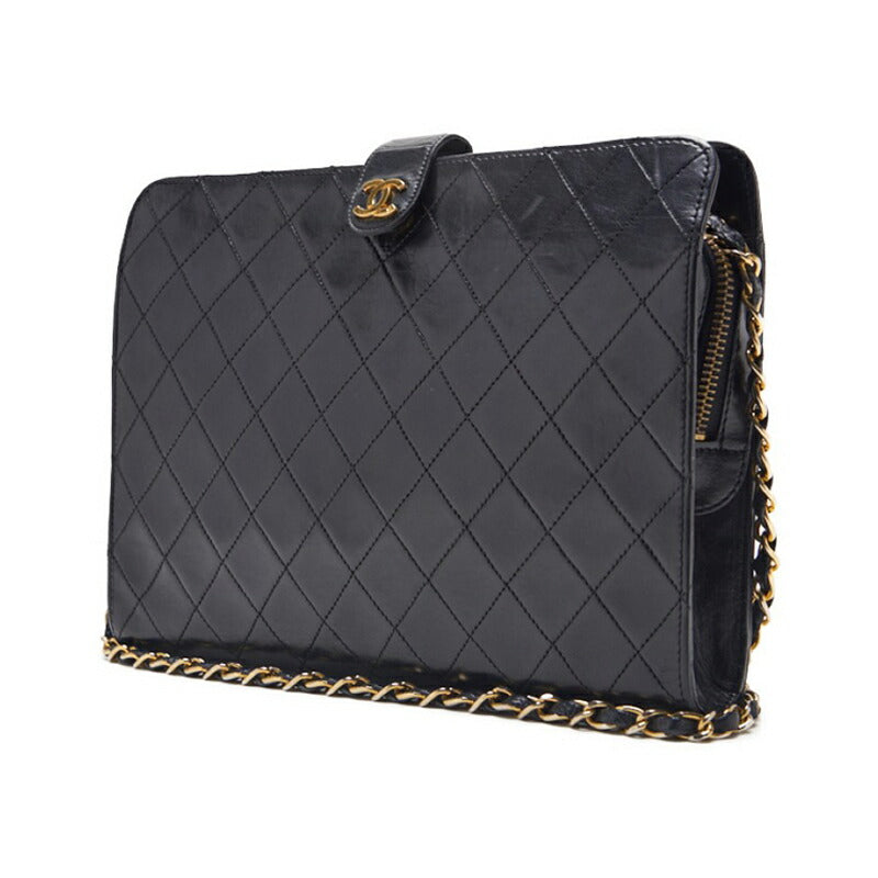 Sac bandoulière d'occasion, fermoir à pression, bandoulière chaîne, cuir d'agneau, noir, accessoires dorés, d'occasion