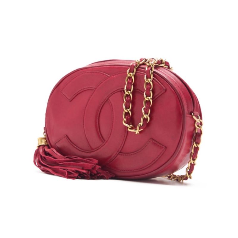 Sac bandoulière d'occasion, Coco Mark Fringe, cuir d'agneau, rouge, finitions dorées, d'occasion
