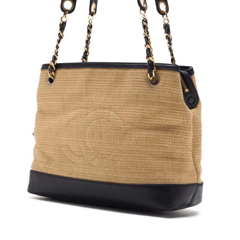 Pre-Owned Shoulder Bag, Coco Mark, Double Chain, Straw and Lambskin, Beige, Gold-Tone Hardware, Pre-Owned