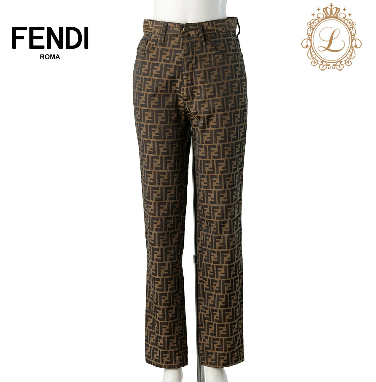 Pre-Owned Pants, Zucca Pattern, Polyester Cotton, Brown, Pre-Owned