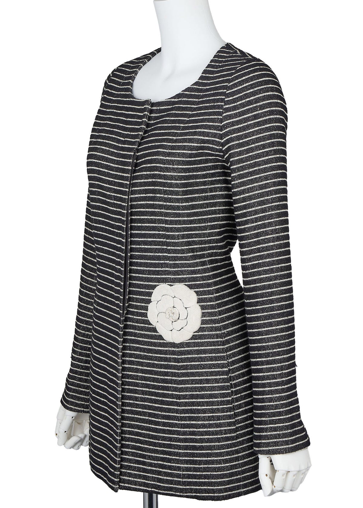 Pre-Owned Outerwear Coat, Camellia Border, Cotton, Black, Silver-Tone Hardware, Pre-Owned