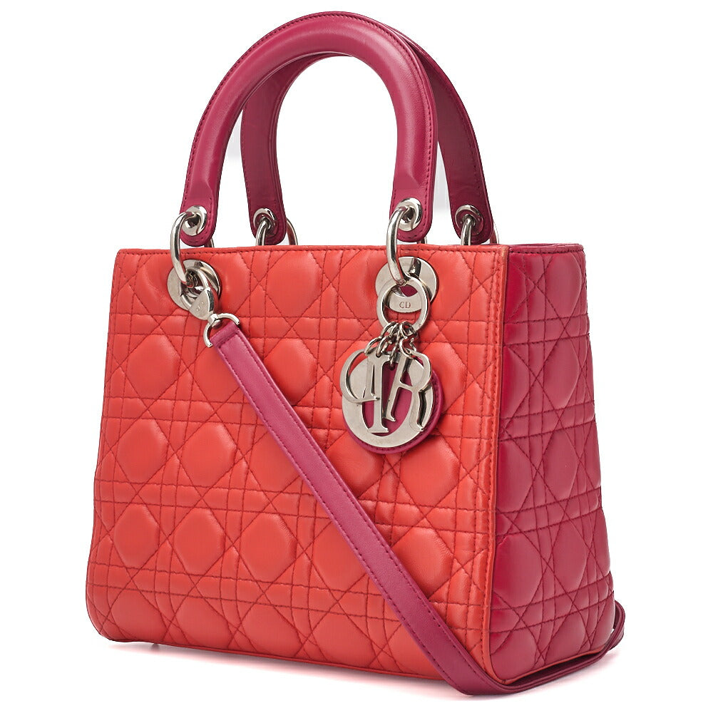 Pre-Owned Lady Cannage 2WAY Handbag Lambskin Red Salmon Pink Gold-Tone Hardware Pre-Owned