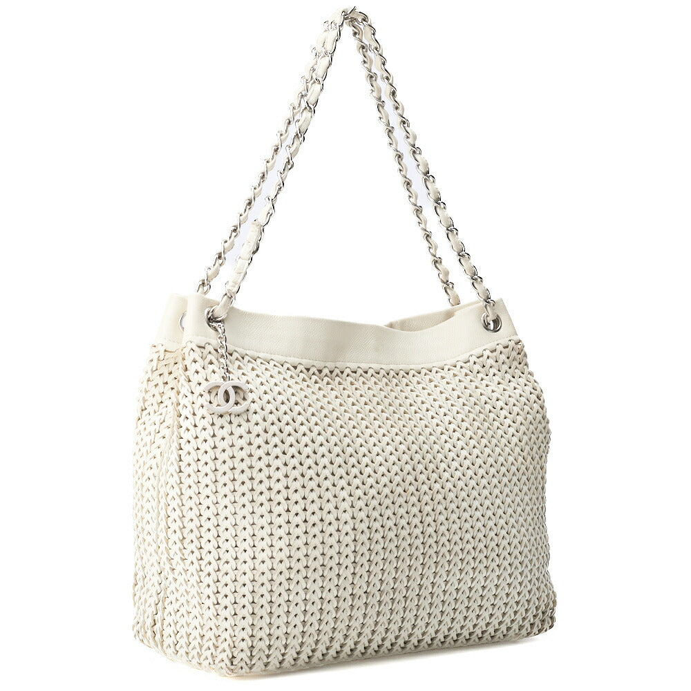 Pre-Owned Shoulder Tote Bag Braided Chain Leather Ivory Silver-Tone Hardware Pre-Owned