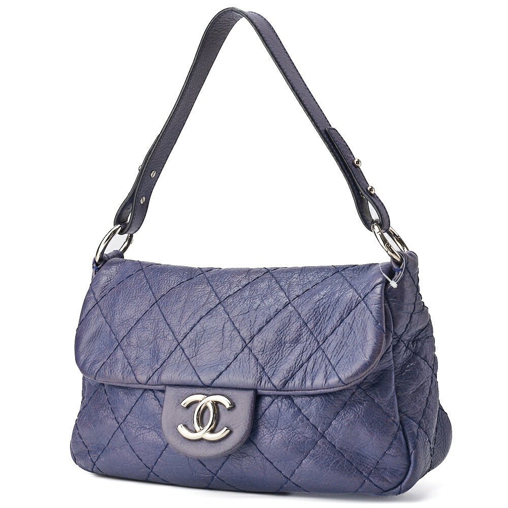 Pre-Owned Shoulder Bag Matelasse Leather Navy Silver-Tone Hardware Pre-Owned