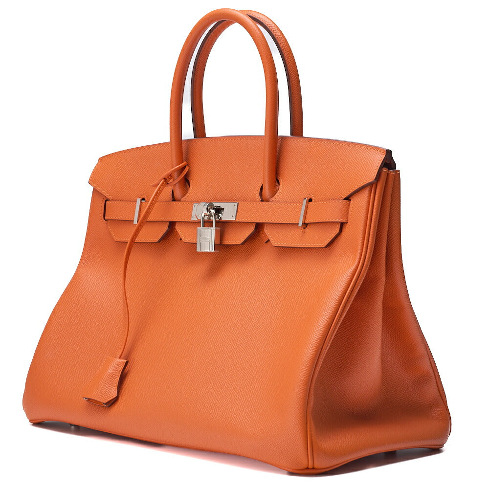 Pre-Owned Birkin 35 Handbag Vo Epson Orange Vaux Epson Silver-Tone Hardware Pre-Owned