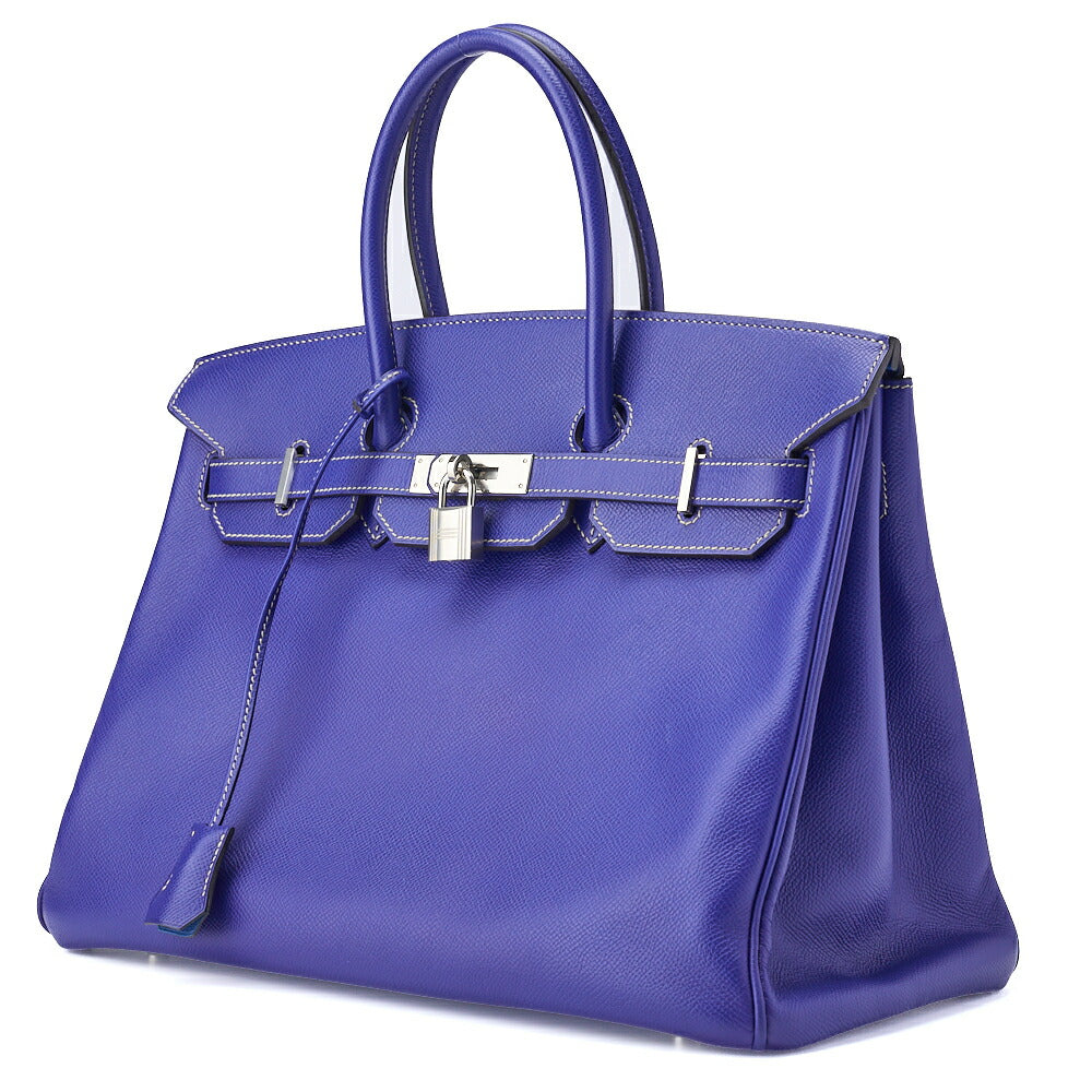 Pre-Owned Birkin 35 Handbag Vaux Epson Blue France Silver-Tone Hardware Pre-Owned