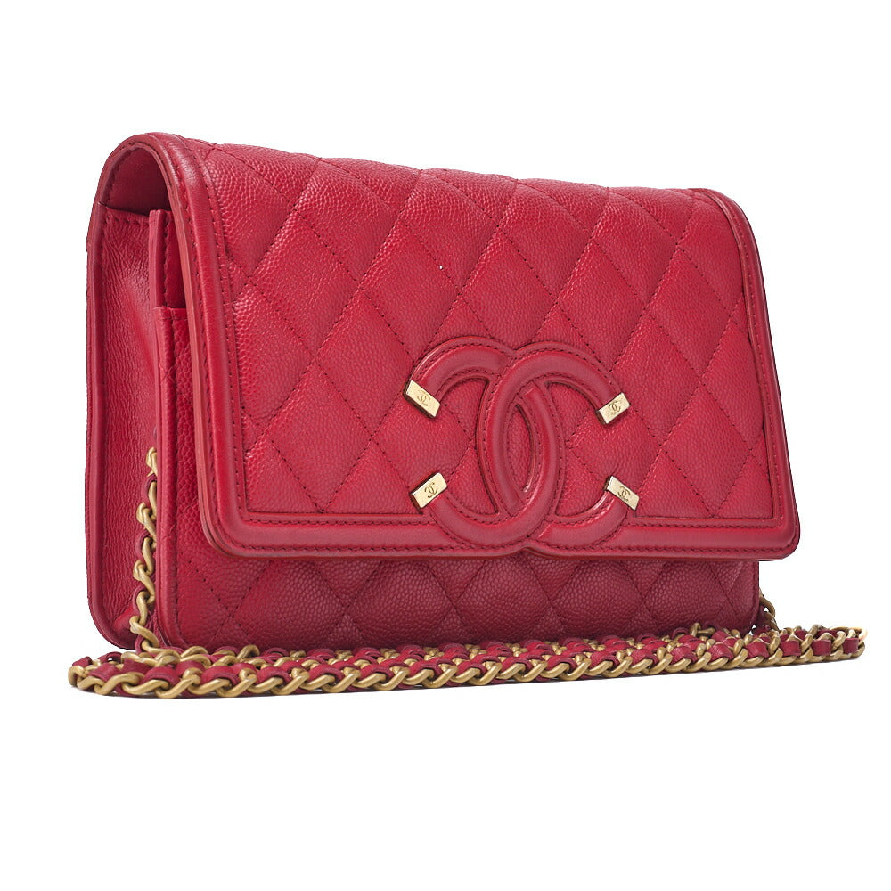 Pre-Owned Shoulder Bag Chain Wallet Matelasse Caviar Skin Red Gold-Tone Hardware Pre-Owned