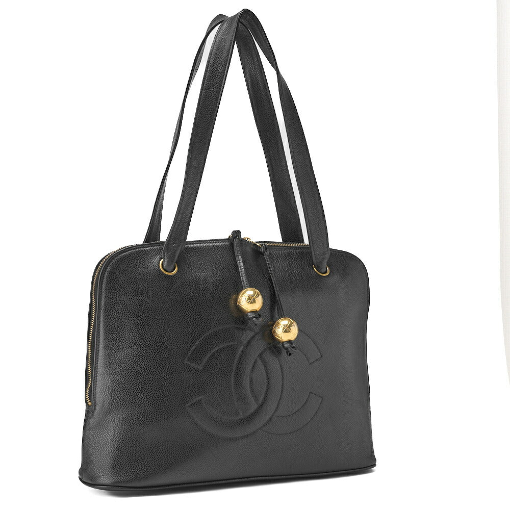 Sac fourre-tout à bandoulière Coco Mark d'occasion, cuir caviar, noir, finitions dorées.