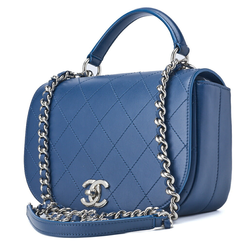 Sac à main Coco 2WAY matelassé en cuir de veau bleu marine, accessoire argenté, d'occasion