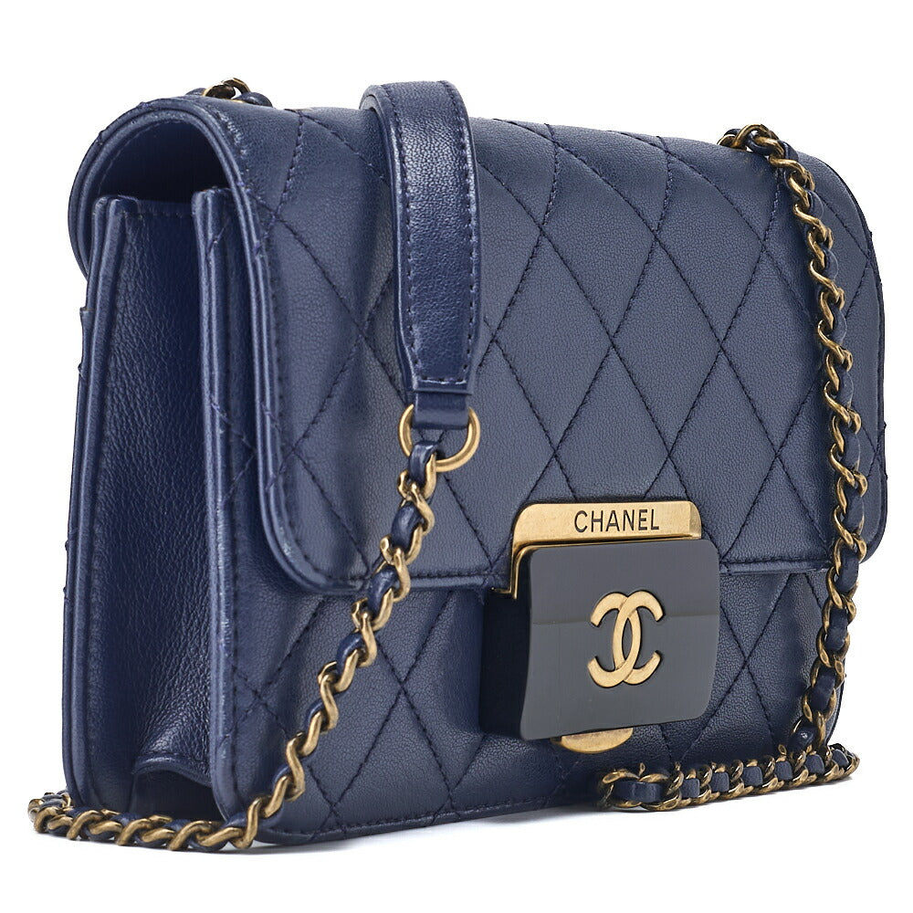 Pre-Owned Shoulder Tote Bag Matelasse Push Lock Calfskin Navy Gold-Tone Hardware Pre-Owned