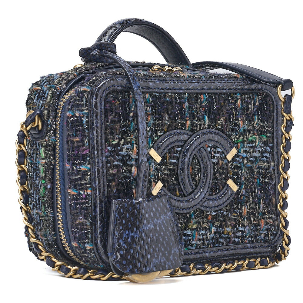 Pre-Owned Shoulder Tote Bag Coco Mark CC Filigree 2WAY Python Tweed Navy Gold-Tone Hardware Pre-Owned