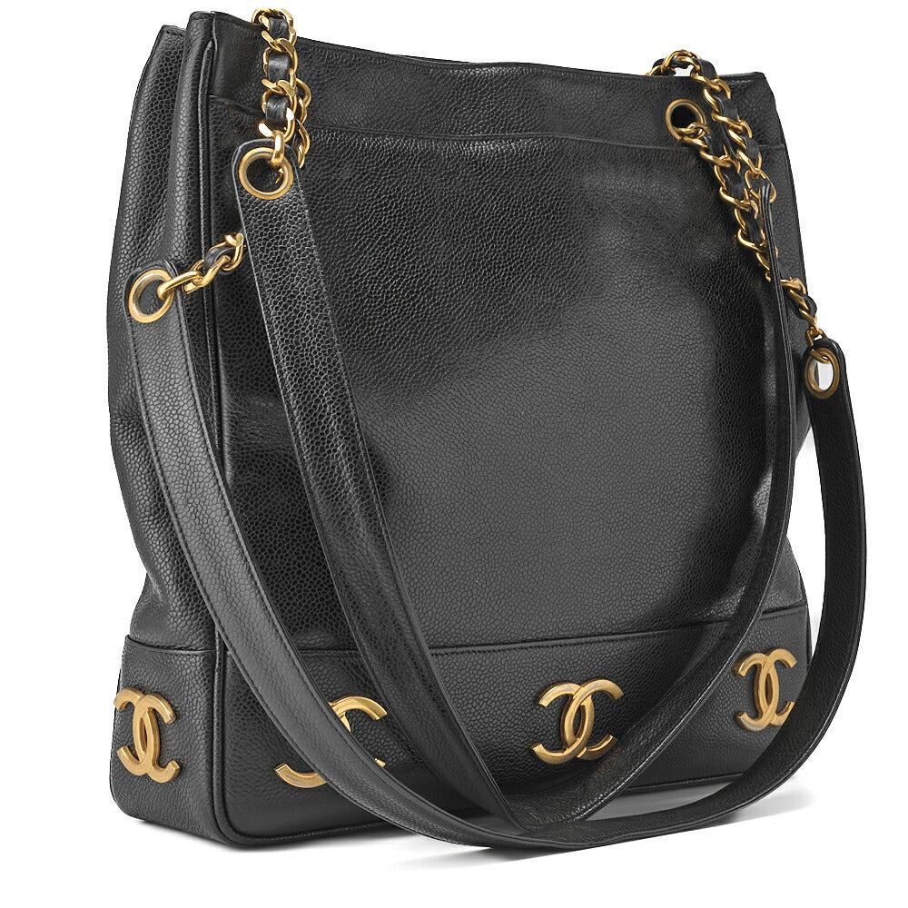 Pre-Owned Shoulder Tote Bag Triple Coco Double Chain Shoulder Caviar Skin Black Gold-Tone Hardware Pre-Owned