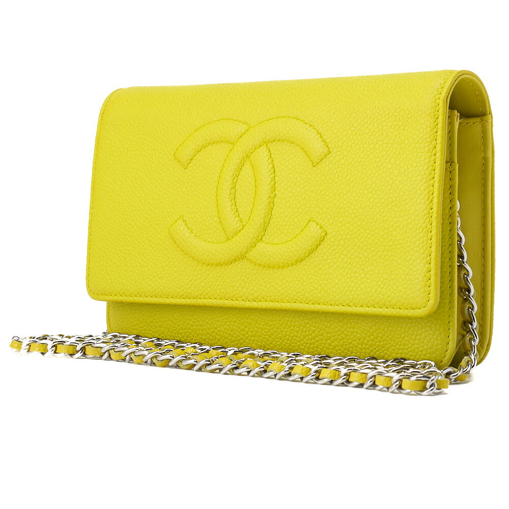 Pre-Owned Shoulder Bag Chain Wallet Caviar Skin Yellow Silver-Tone Hardware Pre-Owned